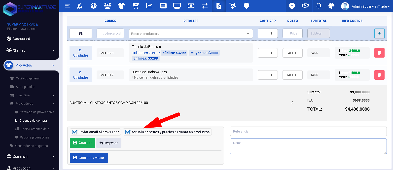 actualizar costos y precios check