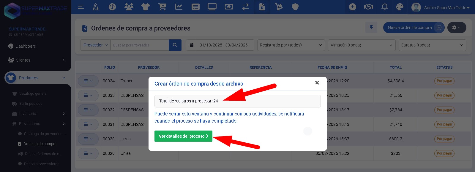 total registros a procesar en crar orden de compra desde archivo