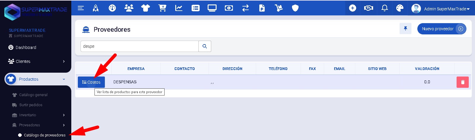 4 - productos relacionas con proveedor - ver costos