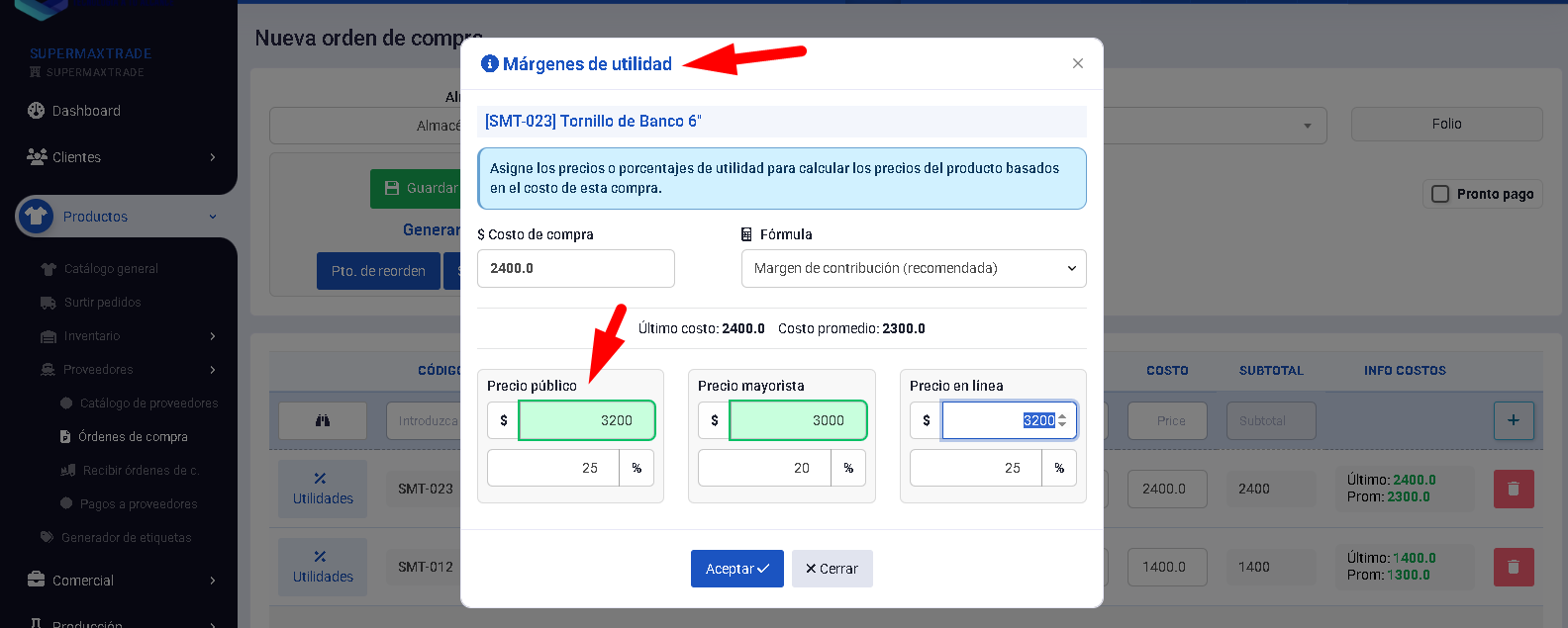 margenes de utilidad en OC