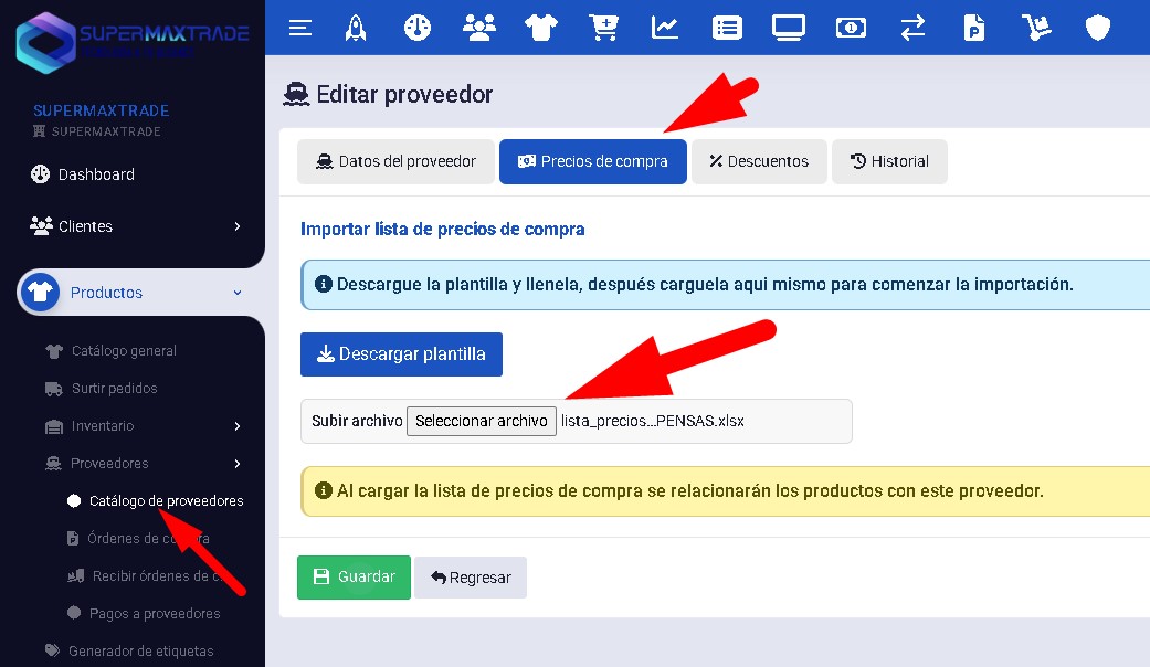 1 - Relacionar productos con proveedor cargar plantilla