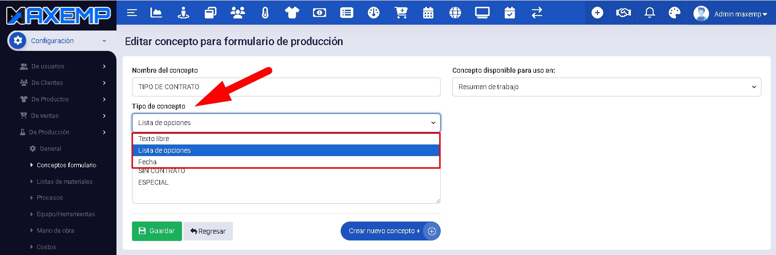 tipo de concepto formulario