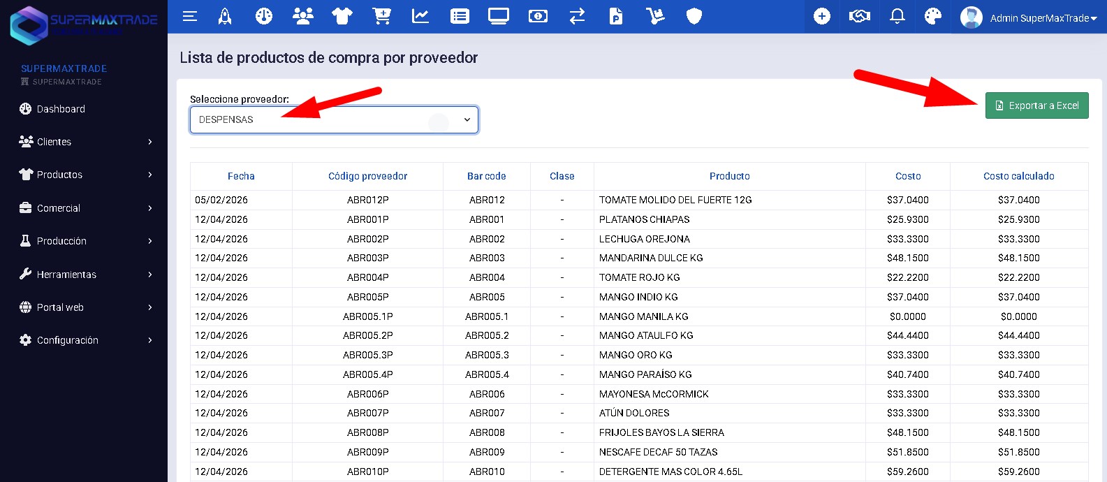 5 - lista de productos de compra por proveedor - boton exportar