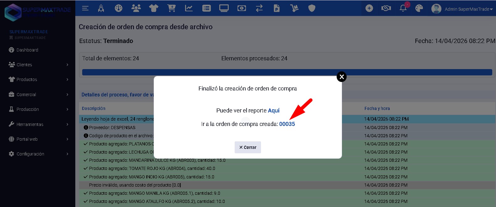 finalizo proceso de creacion de orden de compra desde archivo