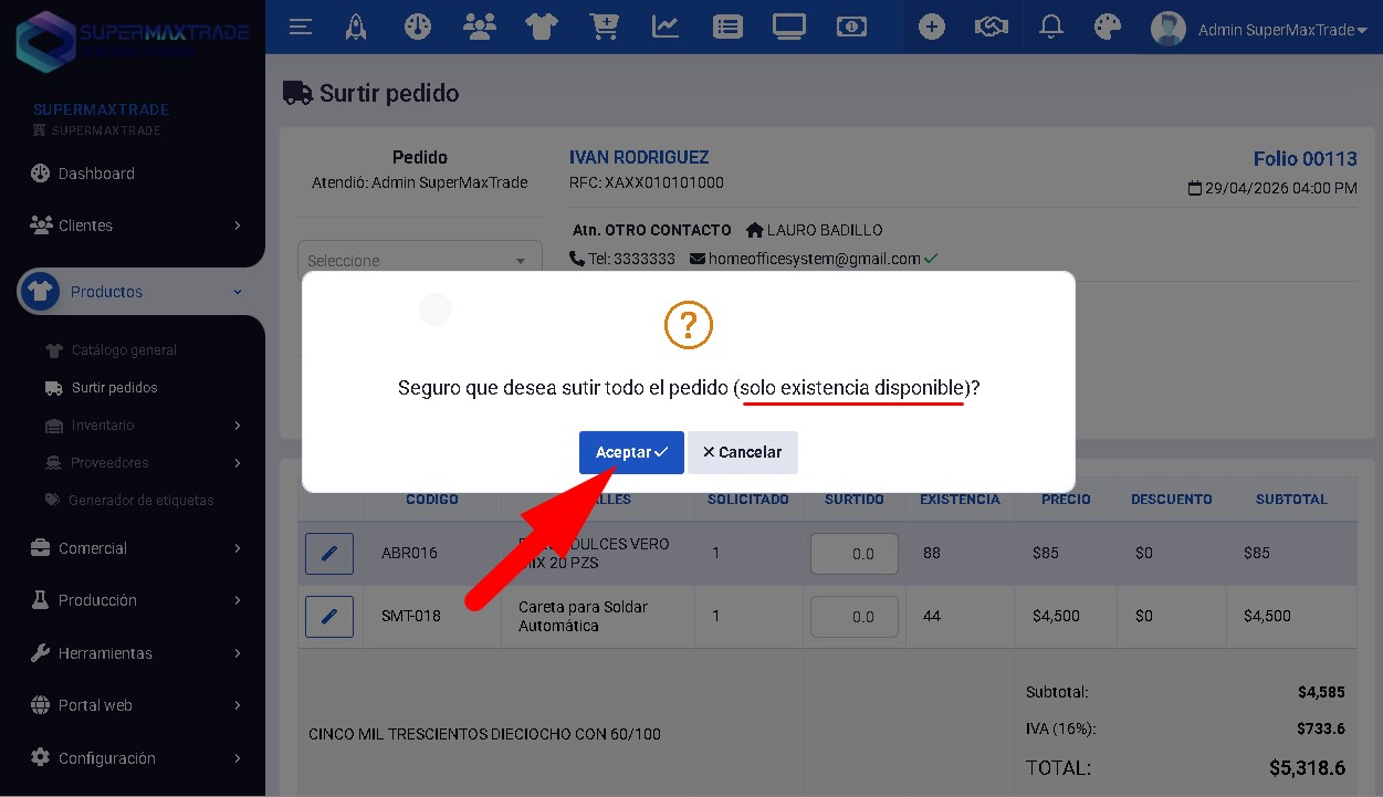 confirmar surtir todo el pedido