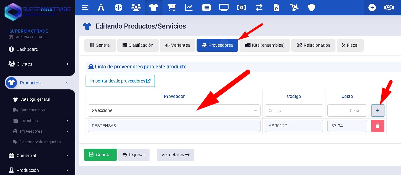 editar productos seccion proveedores